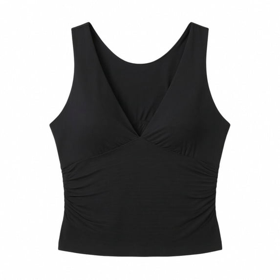 Babaley Womens Crop Tank Top V Neck Side Ruched Sleeveless Top Wide Strap Padded Stretch Slim Elegant Beach Travel Camisole Vest