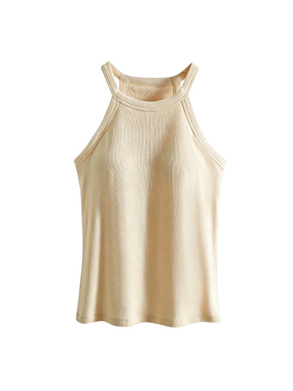 Womens Tank Top Halter High Neck Ribbed Built-in Padded Sleeveless Top Stretch Knit Slim Fit Basic Daily Camisole Vest
