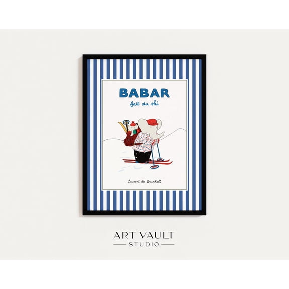 Babar Elephant Wall Art Print, Blue Stripes Ski Chalet Nursery Poster Unframed Paper Print