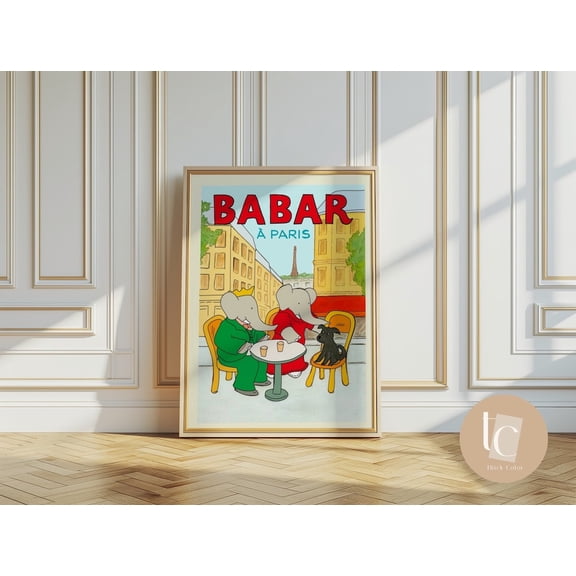 Babar In Paris Print, Retro Nursery Wall Art, Unframed Paper Poster 8x10in