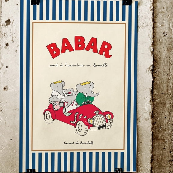 Babar The Elephant Print: Red Stripes Kids Room Decor UNFRAMED PAPER POSTER, Home Decor, Vintage Gift, Living Room Dercor