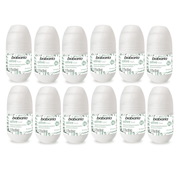 Babaria Olive Fresh Roll-On Deodorant 50ml 24h, No Alcohol (12-Pack)
