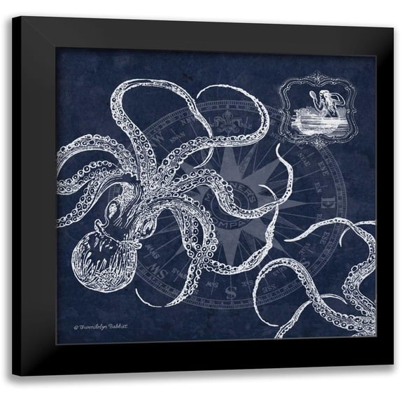 Babbitt, Gwendolyn 12x12 Black Modern Framed Museum Art Print Titled - Octopi on Indigo I