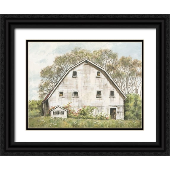Babbitt, Gwendolyn 14x12 Black Ornate Wood Framed with Double Matting Museum Art Print Titled - White Barn and Roses
