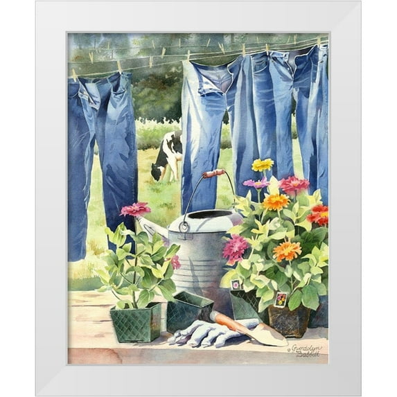 Babbitt, Gwendolyn 26x32 White Modern Wood Framed Museum Art Print Titled - Blue jeans, Zinnias and Cow