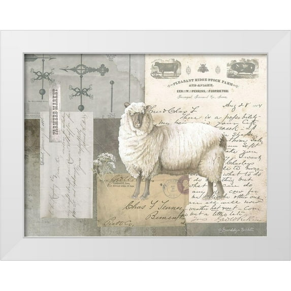 Babbitt, Gwendolyn 32x25 White Modern Wood Framed Museum Art Print Titled - Sheep On Ephemera II
