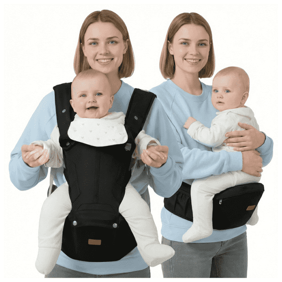 BabbleRoo Grow Baby Carrier – 6-in-1 Ergonomic Hip Seat, Convertible Infant Baby Carrier & Toddler Carrier – Black