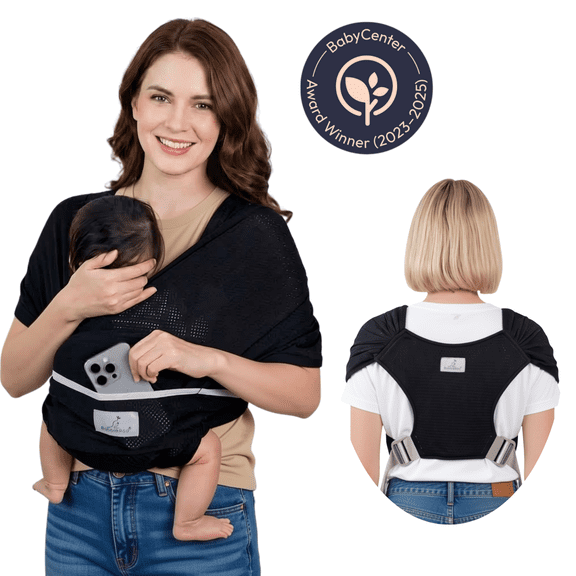 BabbleRoo Baby Carrier Wrap, Adjustable for Newborn to Toddler 3-24 Months, 8-34 lbs, XS to XL, Black