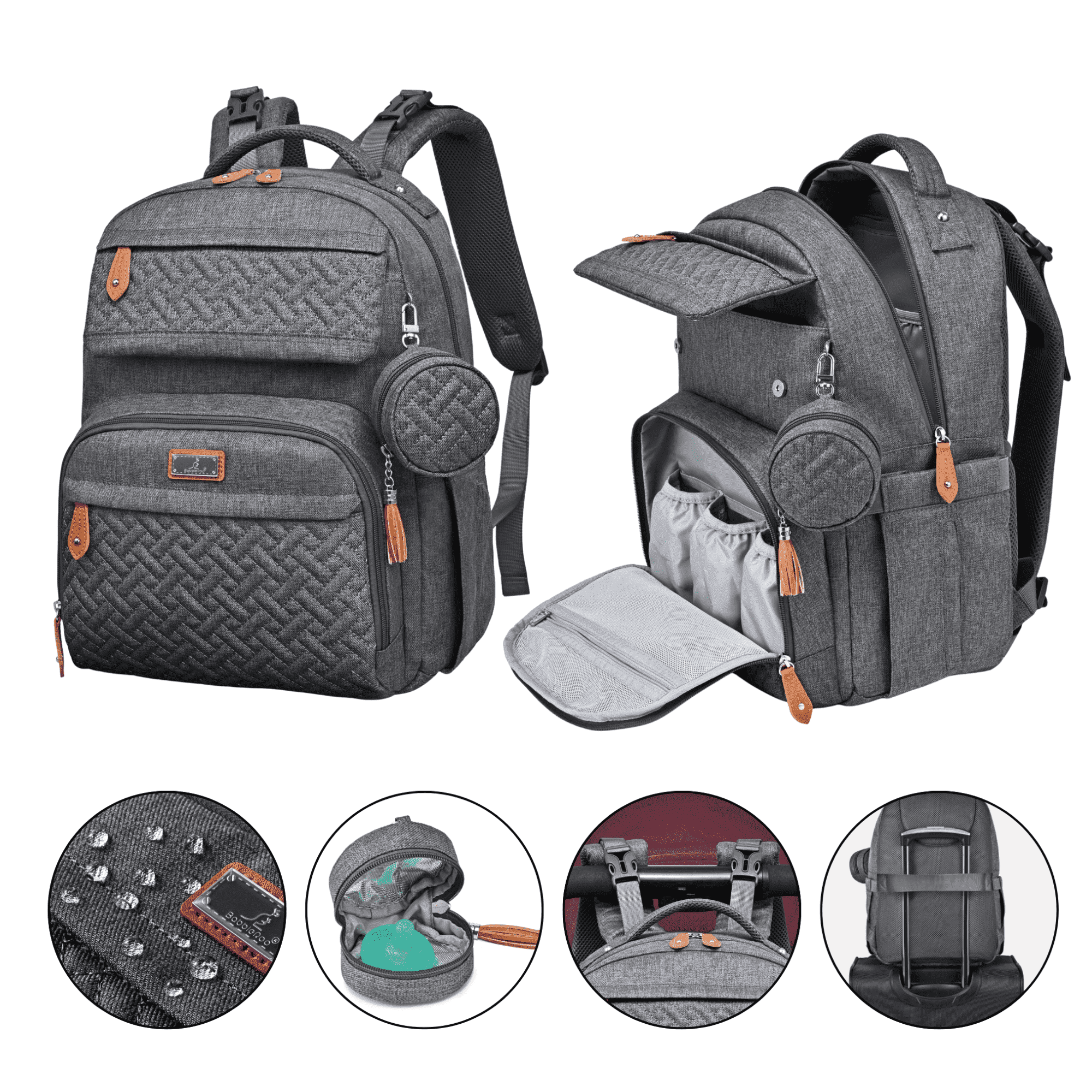 BabbleRoo Diaper Bag Backpack, Travel Backpack, Pacifier Case & Stroller Straps, Multifunction, Waterproof, Unisex – Dark Gray