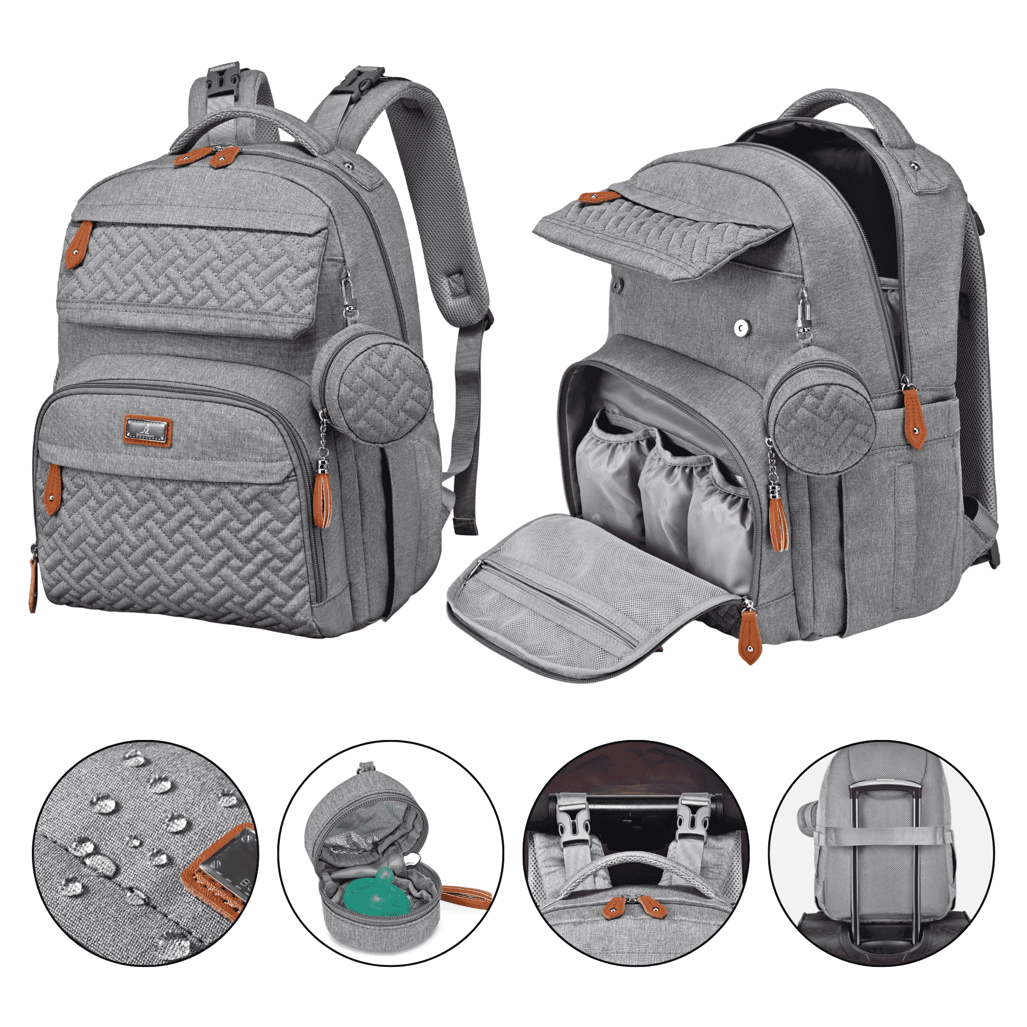 BabbleRoo Diaper Bag Backpack, Travel Backpack, Pacifier Case & Stroller Straps, Multifunction, Waterproof, Unisex – Light Gray