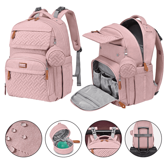 BabbleRoo Diaper Bag Backpack, Travel Backpack with Changing Pad, Pacifier Case & Stroller Straps, Multifunction, Waterproof, Unisex – Pink