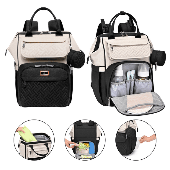 Babbleroo Baby Diaper Bag Backpack – Large Capacity Waterproof Nappy Organizer with Insulated Pockets, Polyester, Black & Apricot