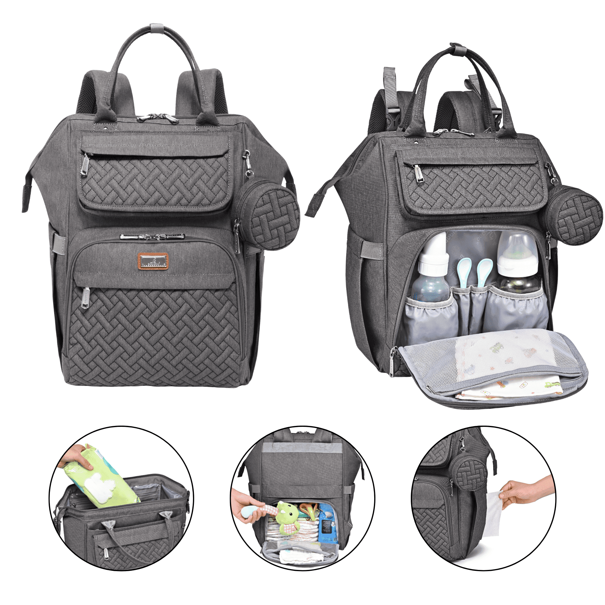 BabbleRoo Widetop Waterproof Diaper Backpack with Insulated Bottle Pockets, Polyesterp- Dark Gray