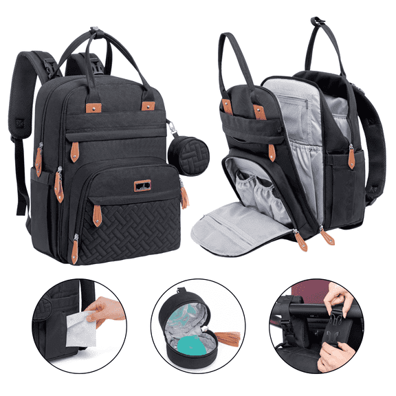 BabbleRoo Diaper Bag Backpack, Multifunction Original Baby Diaper Bag with Insulated Pockets, Black