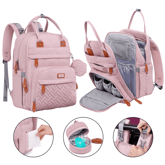 BabbleRoo Diaper Bag Backpack, Waterproof Travel Bag with Changing Pad, Original Baby Bag, Pink