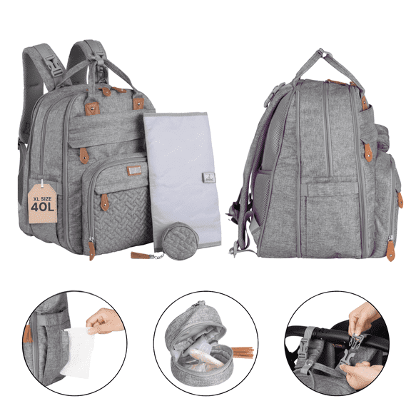 BabbleRoo Diaper Bag Backpack, Waterproof Travel Bag with Changing Pad, Original Baby Bag, Light Gray, Extra Large
