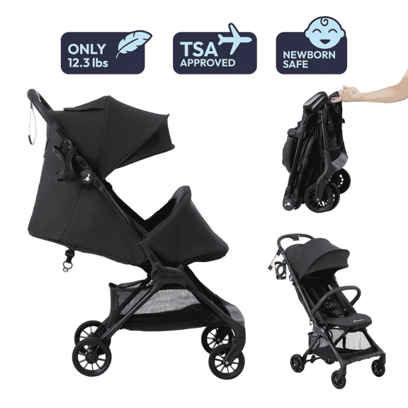 Lightweight Stroller Newborn, Travel Stroller for Airplane (12.3 lbs), Black, BabbleRoo Hoplite Compact Stroller