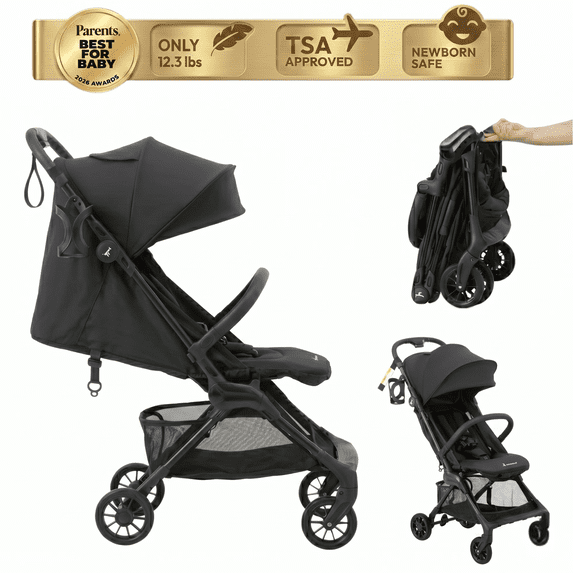 Lightweight Stroller Newborn, Travel Stroller for Airplane (12.3 lbs), Black, BabbleRoo Hoplite Compact Stroller