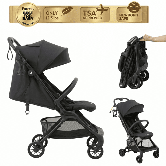 Lightweight Stroller Newborn, Travel Stroller for Airplane (12.3 lbs), Black, BabbleRoo Hoplite Compact Stroller