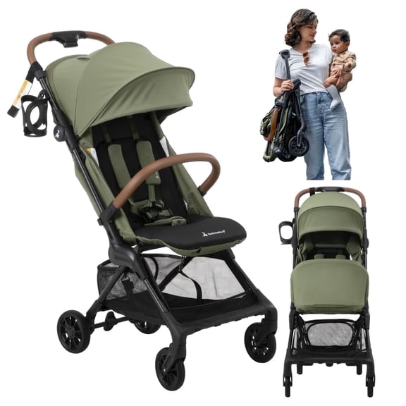 BabbleRoo Hoplite Compact Stroller – Lightweight Travel Stroller for Airplane (12.3 lbs), Newborn to 55 lbs, Seagrass