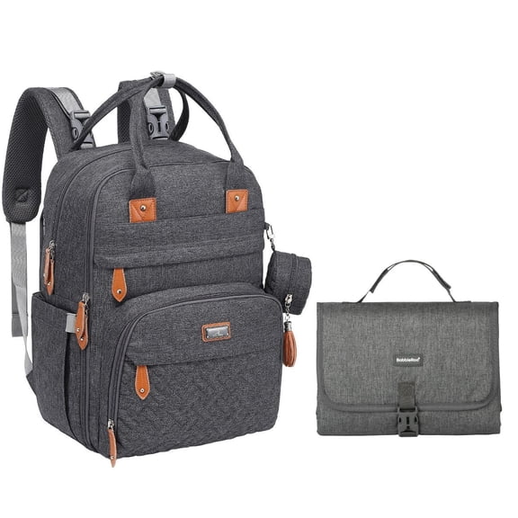 BabbleRoo Diaper Bag Backpack, Waterproof Original Backpack with Premium Changing Pad Set –Dark Gray
