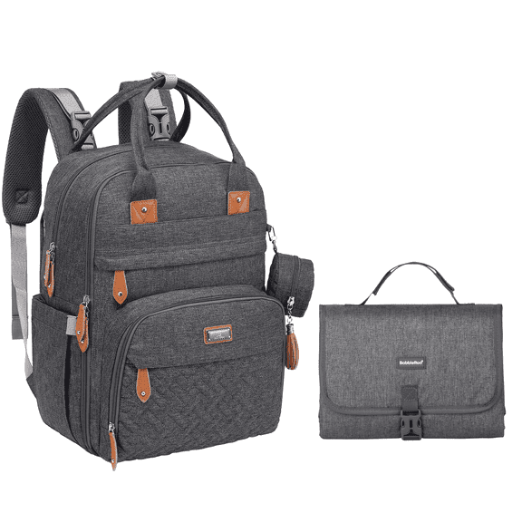 BabbleRoo Diaper Bag Backpack, Waterproof Travel Backpack with Premium Changing Pad Set – Dark Gray