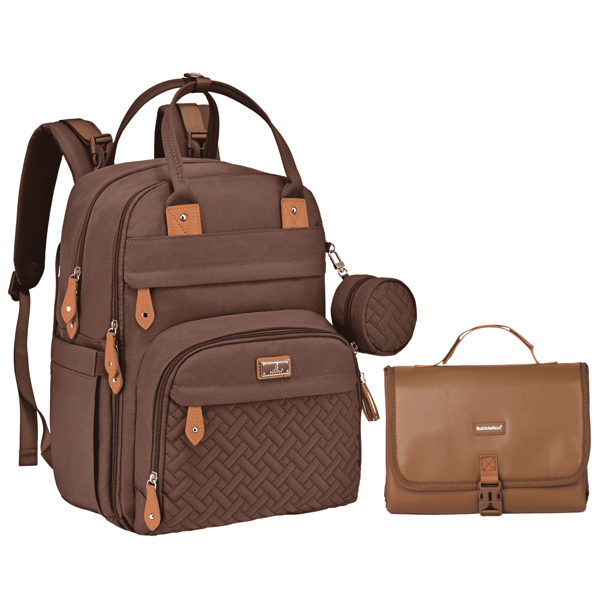 BabbleRoo Diaper Bag Backpack, Waterproof Original Backpack with Premium Changing Pad Set –Coffee