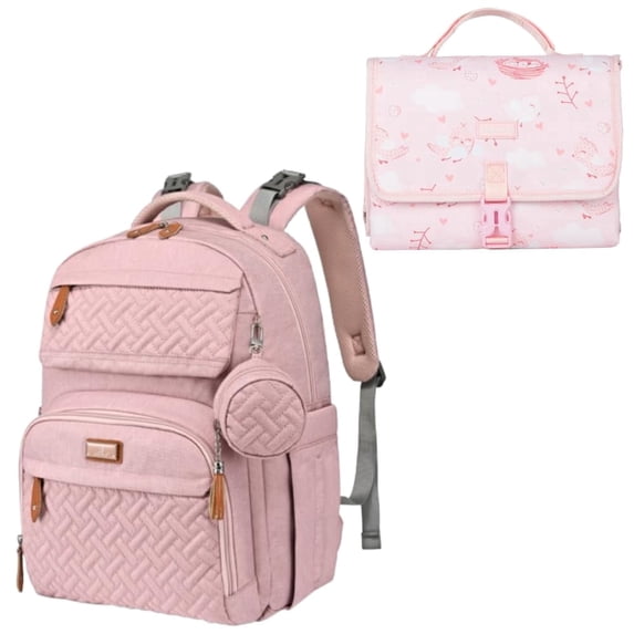 BabbleRoo 26L Travel Diaper Bag Backpack with Changing Pad, Pink