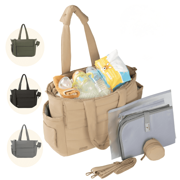Babbleroo Flo Diaper Bag Taupe-14-Pocket Luxury Puffer Tote with Laptop Sleeve, Changing Mat & Wet Bag for Moms & Dads