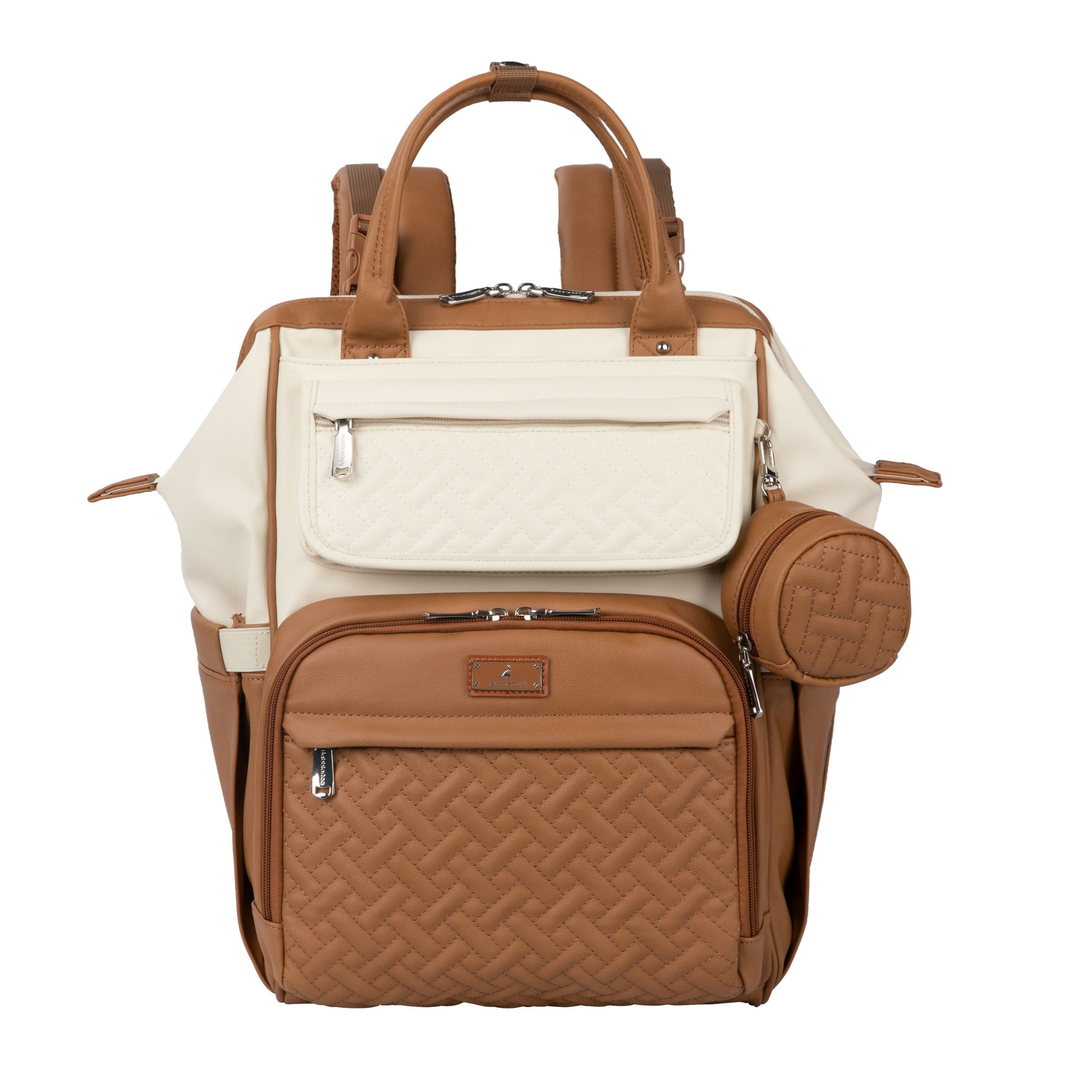 BabbleRoo Widetop Waterproof Diaper Backpack with Insulated Bottle Pockets, Vegan leather- Caramel Cream