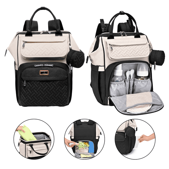 BabbleRoo Large Capacity Baby Diaper Bag Backpack, Black & Apricot, Waterproof and Stylish