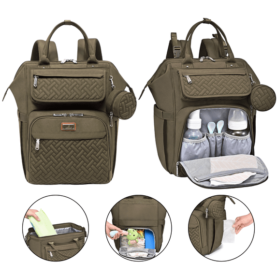BabbleRoo Widetop Waterproof Diaper Backpack with Insulated Bottle Pockets, Polyester- Army Green