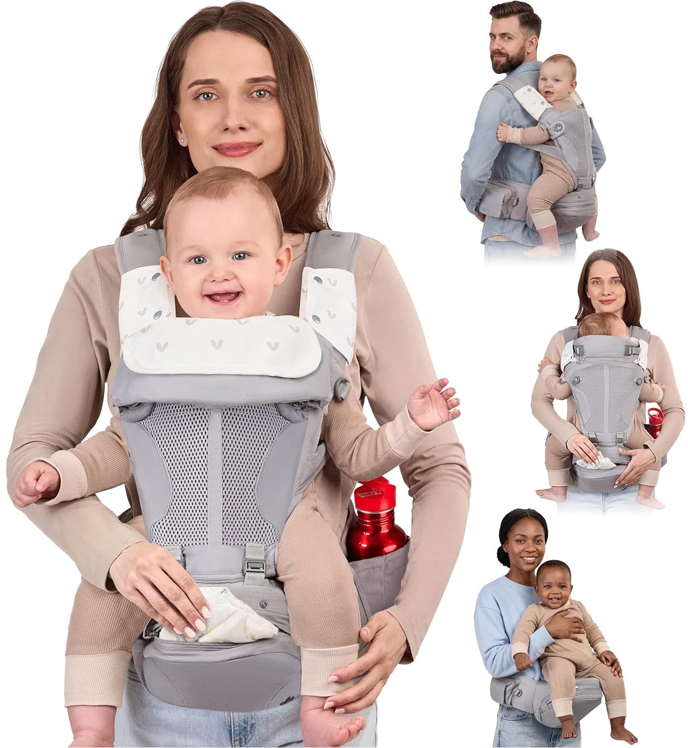 BabbleRoo Grow Plus Carrier – Safety Certified Organic Cotton Baby Carrier with Detachable Hip Seat, Infant to Toddler (7–50 lbs)- Light Gray