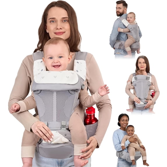BabbleRoo Grow Plus Carrier – Safety Certified Organic Cotton Baby Carrier with Detachable Hip Seat, Infant to Toddler (7–50 lbs)- Light Gray