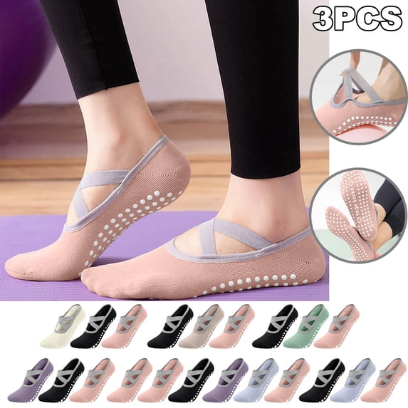 Babcutegg 3PC Non-Slip Pilates Socks for Women Breathable Strechy with Webbing Soild Color Non-Slip Indoor Sports Wear for Women Multicolor Size Free Size