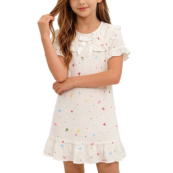 Babcutegg Adorable Summer Printed Short-Sleeve Turn-Down Collar Dress For Girls — Lightweight Breathable Mesh Fabric, Soft Stretch Fit, Casual Home Wear And Sleepwear Style Beige Size 2T