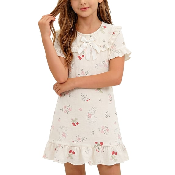Babcutegg Adorable Summer Printed Short-Sleeve Turn-Down Collar Dress For Girls — Lightweight Breathable Sleepwear And Comfortable Homewear Beige Size 9