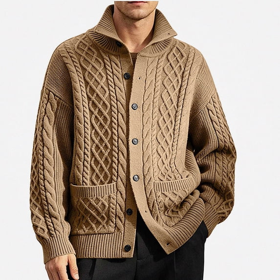 Babcutegg Big and Tall Mens Turtleneck Cardigan Sweater Cable Knit Vintage Casual Button Down Sweaters with Pockets Size M