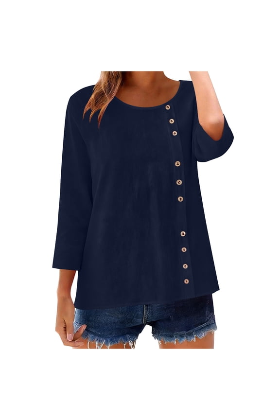 Blouses for Women 3/4 Sleeve Cotton Linen Lightweight Casual Fashion Soild Color Womens Summer Clothes Navy Size M