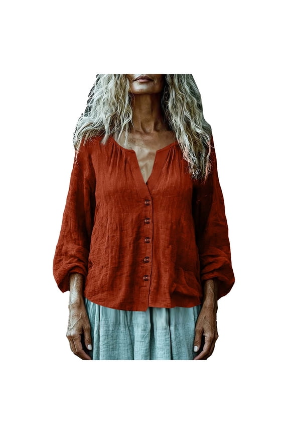 Blouses for Women Cotton Linen Lightweight Soild Color Casual Fashion Work Wear Summer Shirts for Women Watermelon Red Size XL