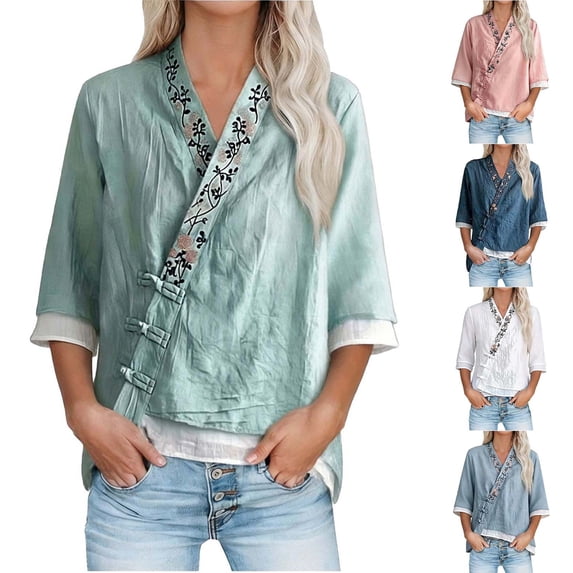 Babcutegg Blouses for Women Long Sleeve with Button Lightweight Cotton Linen Pullover Womens Shirts Green Size XL