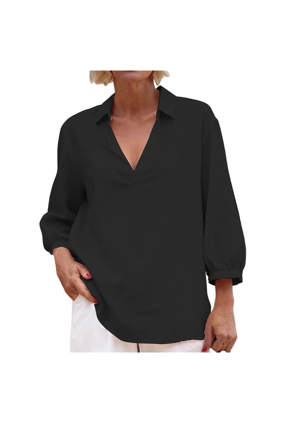Blouses for Women Work Wear with Button Casual Fashion Long Sleeve Lapel Womens Summer Clothes Black Size L