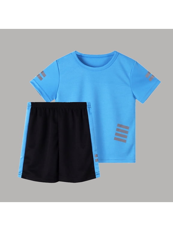 Boys 2Pcs Mesh Quick Dry Short Sleeve Tee Athletic Shorts Set Summer Sports Outfit 4-12Y Blue Size 8