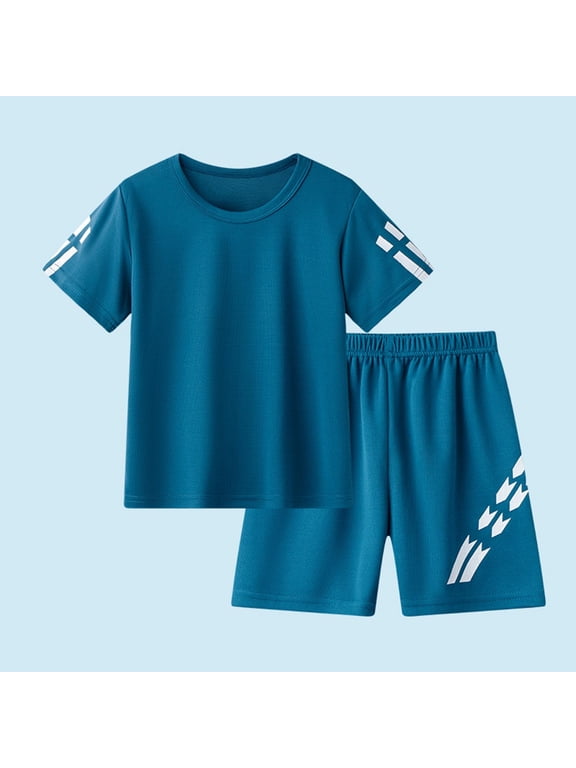 Boys 2Pcs Reflective Strip Mesh Short Sleeve Tee Athletic Shorts Set Summer Sports Outfit 2-12Y Blue Size 8