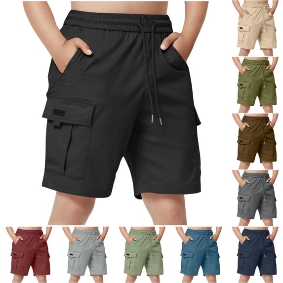 Babcutegg Boys Cargo Shorts High Waist Multi Pockets Soild Color with Drawstring Summer Clothes for Kids Black Size 5-6