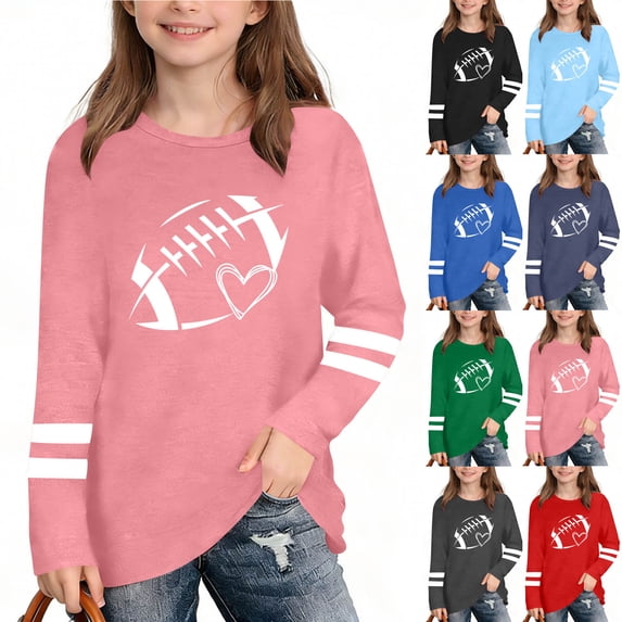 Babcutegg Boys and Girls Long Sleeve Printed T-Shirt – Casual Round Neck Cotton Top with Rugby-Inspired Graphic Design for Everyday Wear Pink Size 5-6