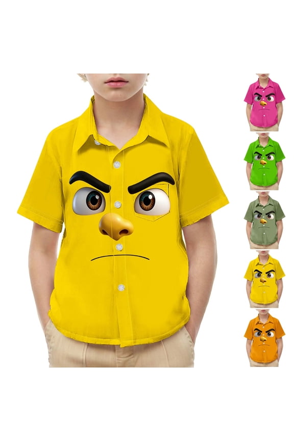 Boys and Girls Short Sleeve Casual Shirt – Adorable Graphic Print, Functional Front Pocket, School Uniform–Style Lightweight Top Yellow Size 2
