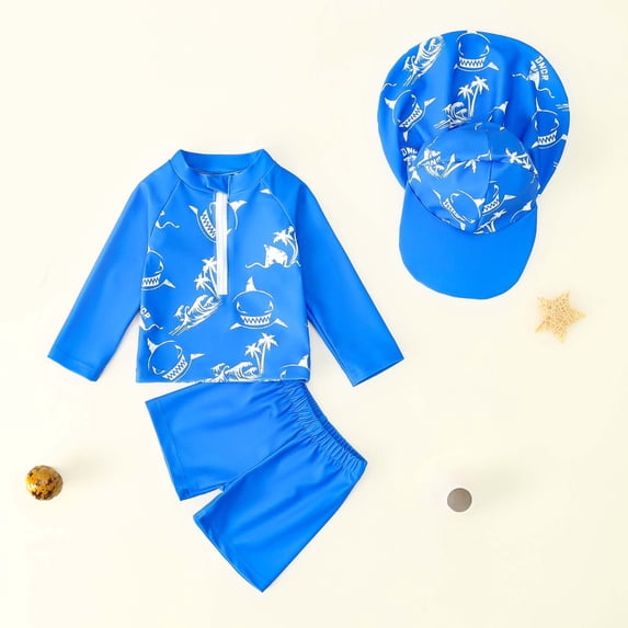 Babcutegg Boys Printed Split-Body Swimsuit Set – Lightweight Summer Swim Trunks, Matching Rash Guard Top, and Adjustable Sun Protection Hat Blue Size 18