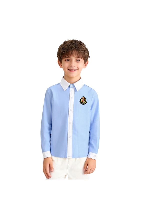 Boys School Uniform Lapel with Badge Soild Color Regular Fit Casual Fashion Boys School Wear Shirts Blue Size 5-6