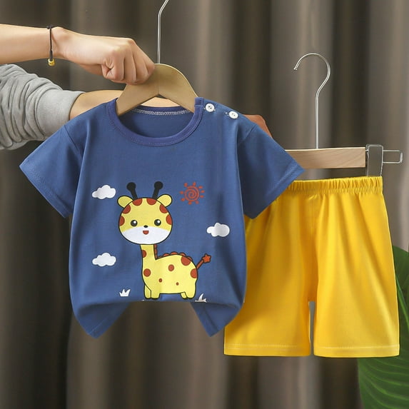 Babcutegg Boys Short Shirt and Shorts Set Baby Summer T-Shirt and Pants Sets Deer Athletic Outfit Set Dark Blue Size 73